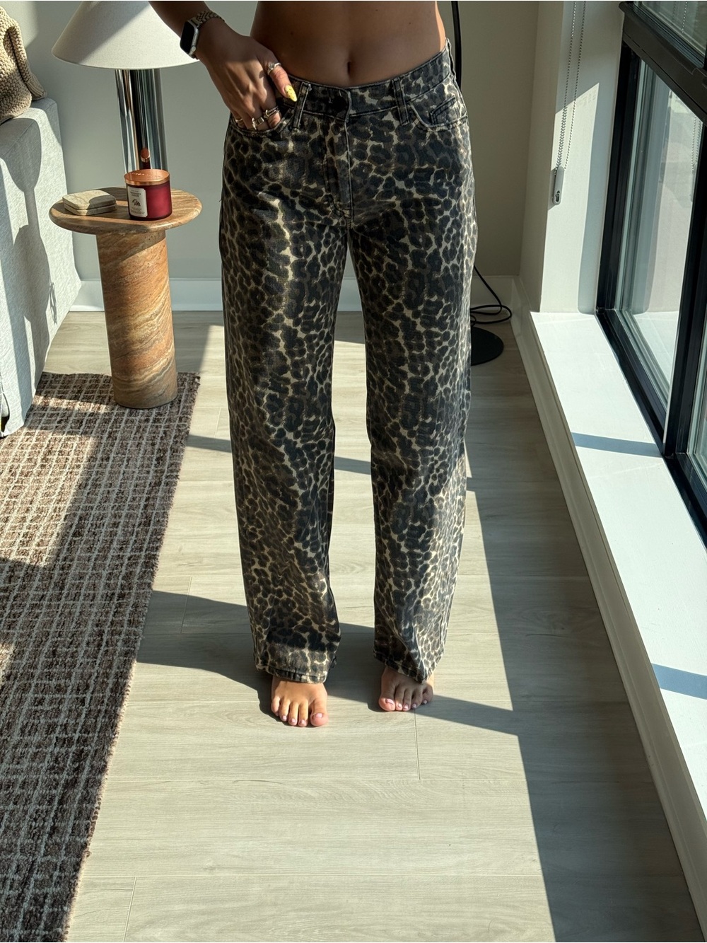 Amisu Leopard Print Straight Leg Jeans - Black/Brown